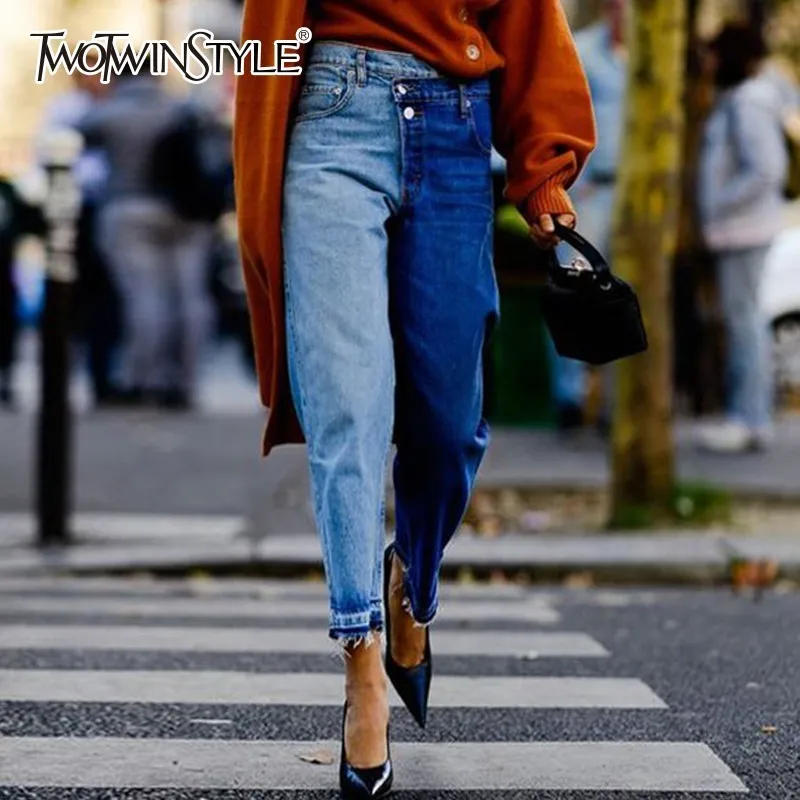 TWOTWINSTYLE Асимметричные джинсовые брюки в стиле пэчворк для женщин высокая талия