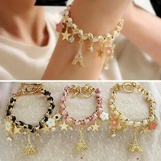 

Eiffel Tower Paris Bracelet Leather Pentacle Shine Crystal Brand Luxury Women Ladies Engagement Bridal Wedding Bracelet