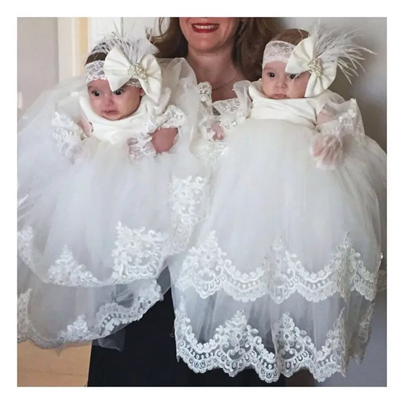 Пышное Двухслойное кружевное платье с аппликацией на крестины для малышей