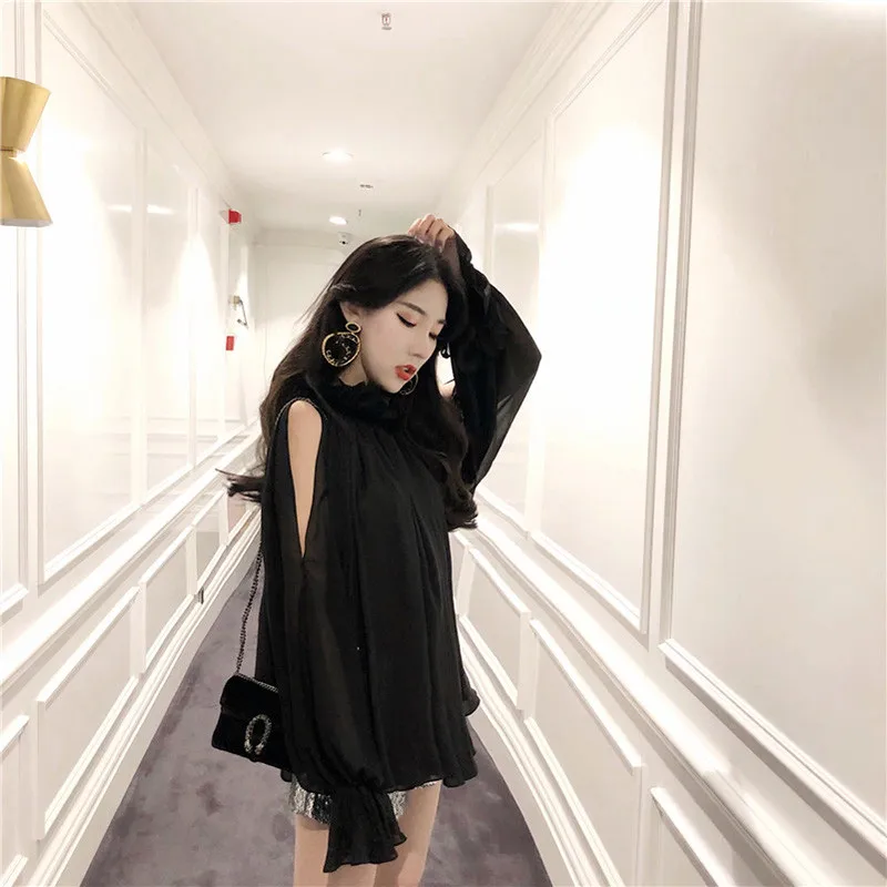 Lychee девушки с открытыми плечами рюшами воротник блузки женские длинным рукавом