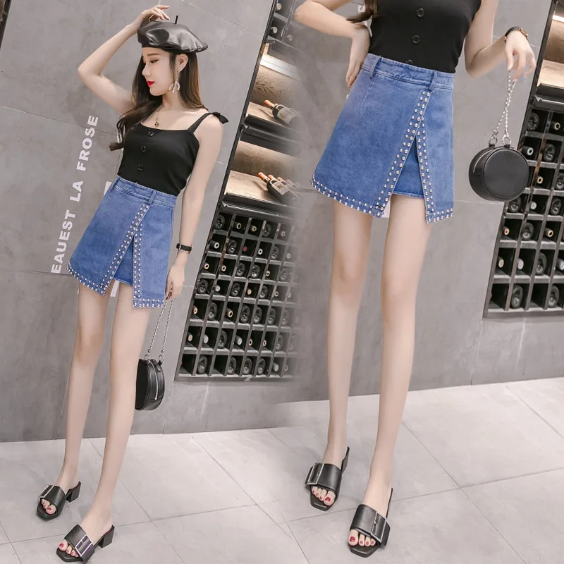 NORMOV/Повседневная модная свободная джинсовая юбка с высокой талией и заклепками