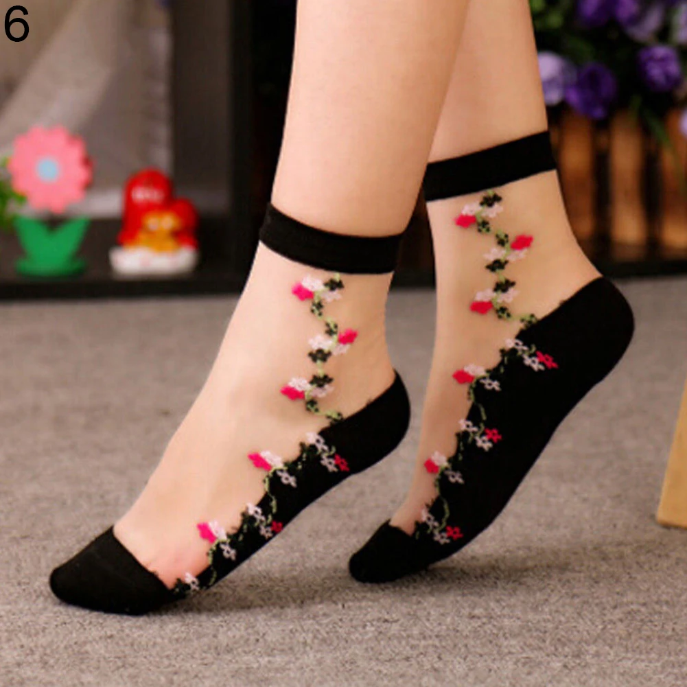

Women's Ultra-thin Transparent Rose Flower Pattern Elastic Short Ankle Socks