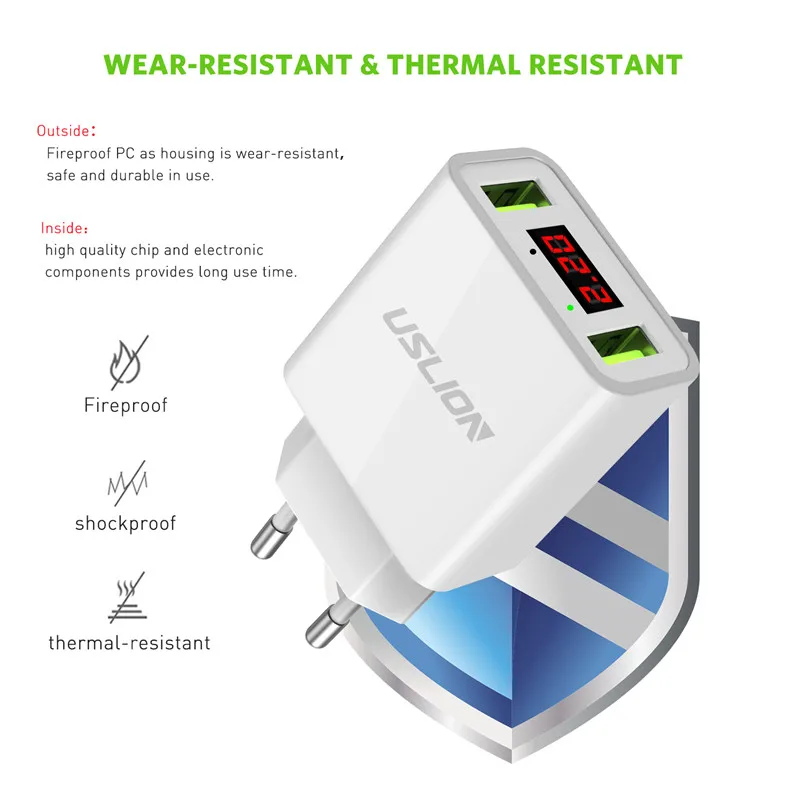 USLION 2 USB зарядное устройство светодиодный дисплей Быстрая зарядка настенное для
