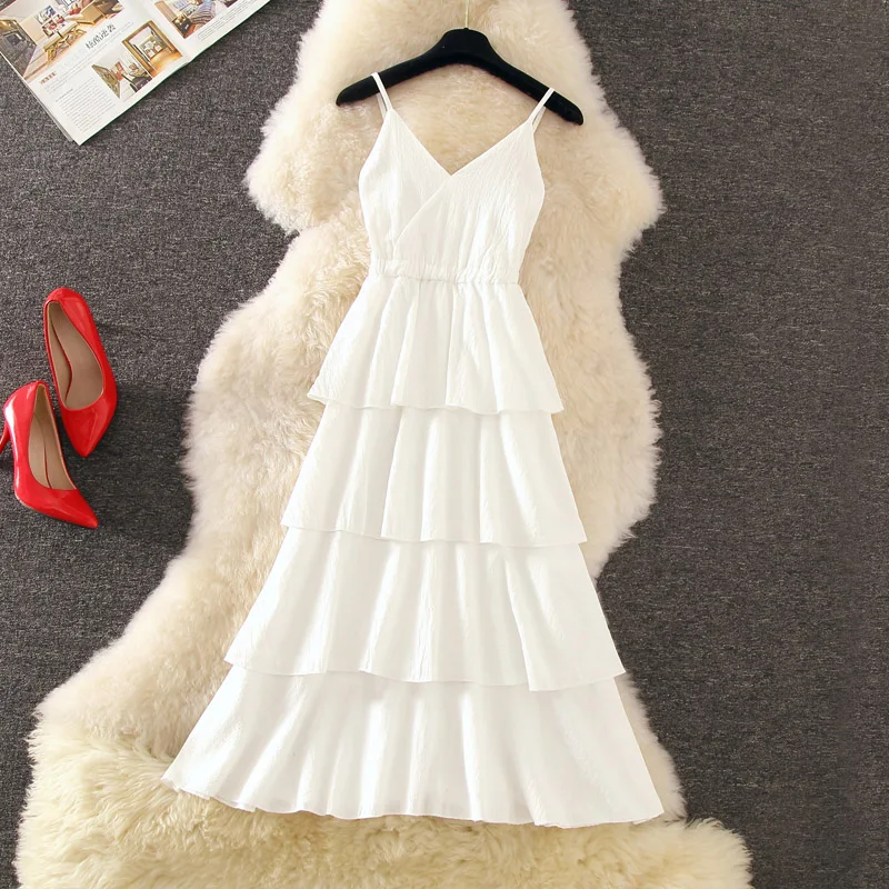 Летнее платье 2019 женское элегантное гофрированное на бретельках без рукавов с