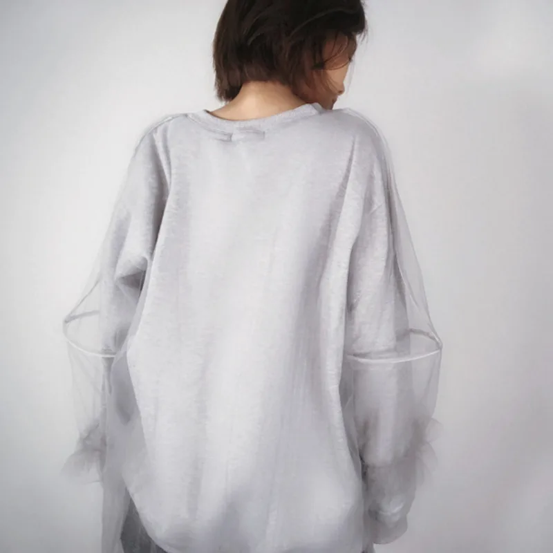 LANMREM 2020 Новая модная серая Лоскутная сетчатая двухслойная Женская толстовка