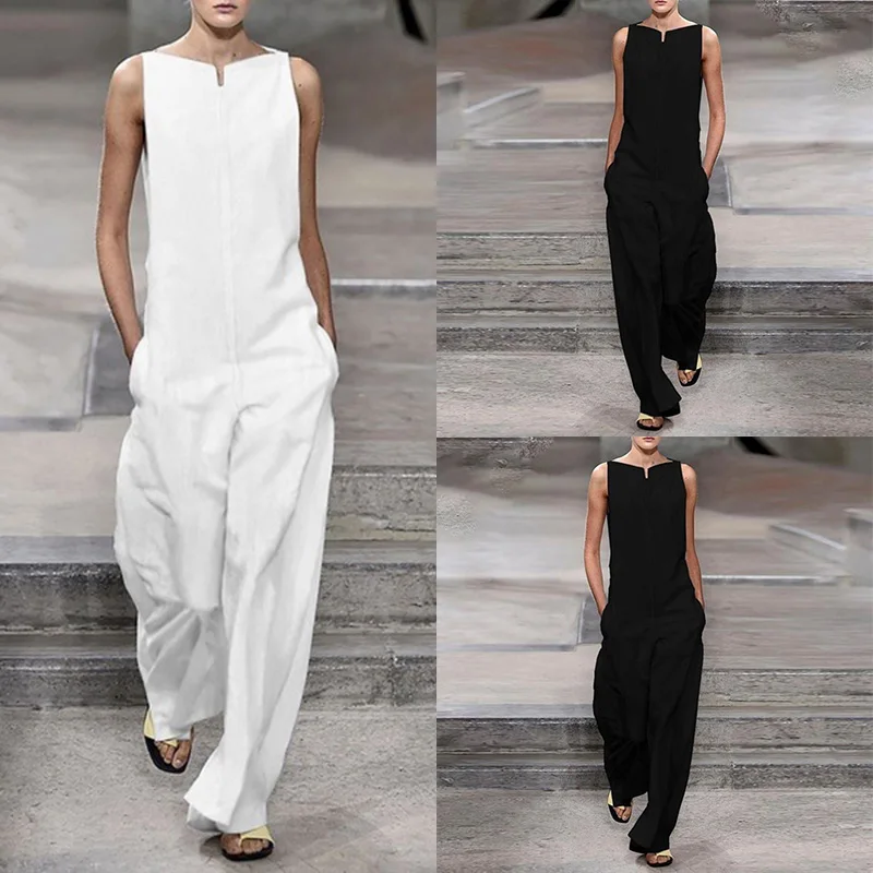 Женский комбинезон без рукавов с карманами вырезом лодочкой свободный