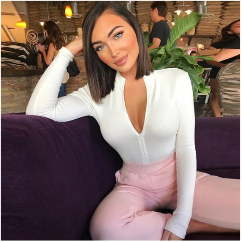 Женский облегающий боди с длинным рукавом и треугольным вырезом 2018|Боди| |