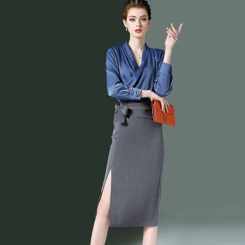 Женский офисный комплект из 2 предметов облегающий топ с v образным вырезом и юбки