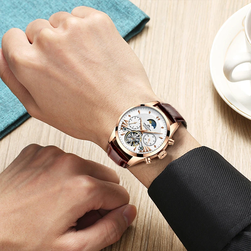 MEGALITH Модные мужские автоматические механические часы Tourbillon кожаные