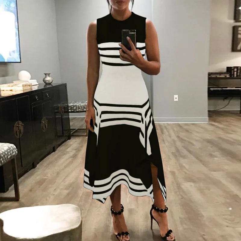 

Uguest Women Dress Sleeveless Round Neck Stripe Black And White Split Joint Dress Leisure Time Ankle Length Vestido Summer