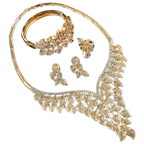 Big Luxury Imitation Crystal Leaf Jewelry Set Gold Color Dubai Wedding Sets For Brides Womens Costume | Украшения и аксессуары