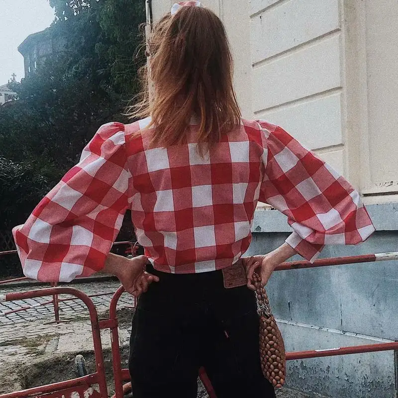 Sexy v-neck plaid crop cotton blouse shirt women Lace up puff sleeve white elegant tops Summer spring ladies top 2019 |