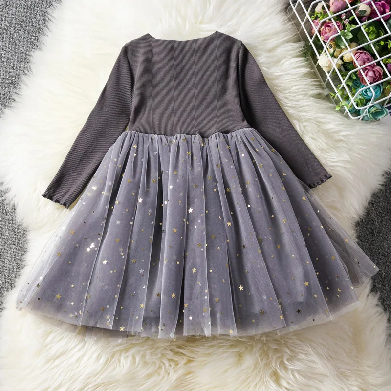 2019 New Autumn Winter Girls Children Princess Dresses Cute Spelling Five-pointed Star Gauze O-neck Long Sleeve Dress | Детская одежда