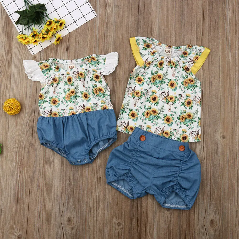 Летняя одежда для маленьких девочек джинсовый комбинезон с подсолнухами топы