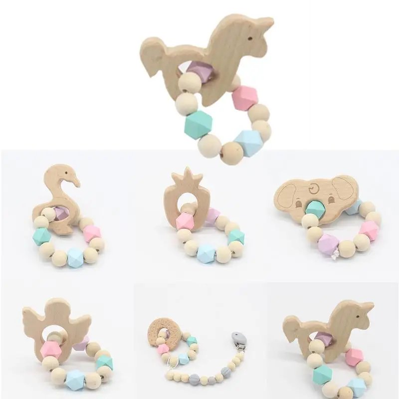 1pc Baby Nursing Bracelets Wooden Teether with Beads Animal Teething Wood Rattles Toys Gift | Мать и ребенок