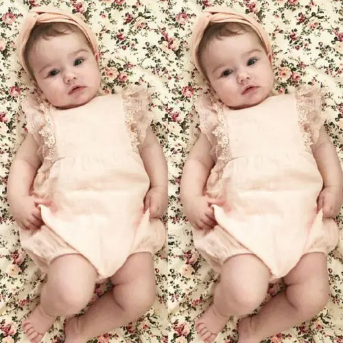 Pretty Summer Newborn Kid Baby Girl Outfits Lace Ruffle Sleeve Romper Solid Jumpsuit Bow Headband 2Pcs Clothes 0-24M | Детская одежда и