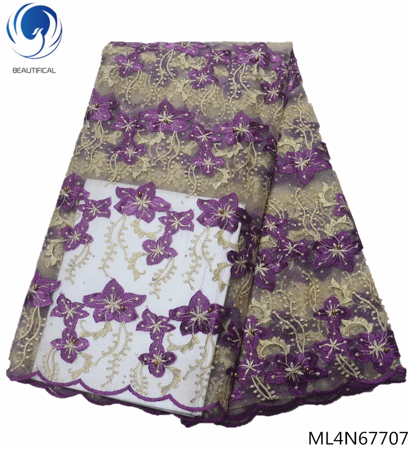 Beautifical lace material mesh fabric embroidery french tulle with flower beads 5 yards per piece ML4N677 | Дом и сад