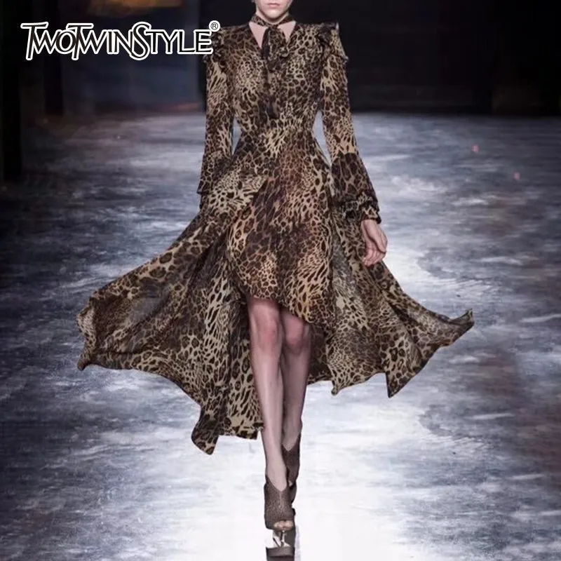 TWOTWINSTYLE асимметричное леопардовое платье с принтом женские фонарики длинным