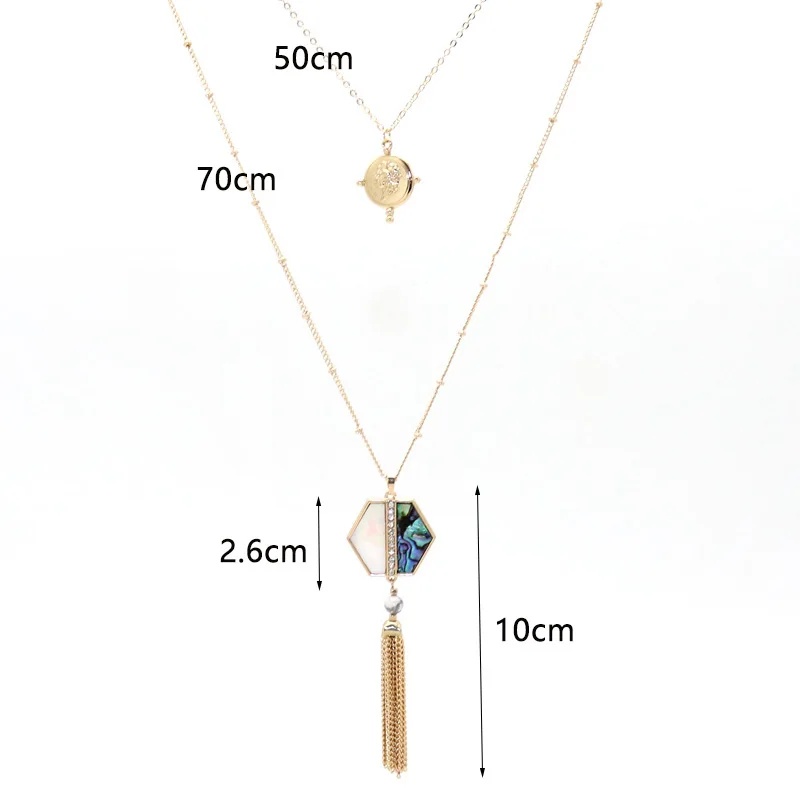 Fashion Square Hexagon Abalone Shell Pendant Metal Tassels Long Chain Sweater Necklace Geometric Body Jewelry | Украшения и