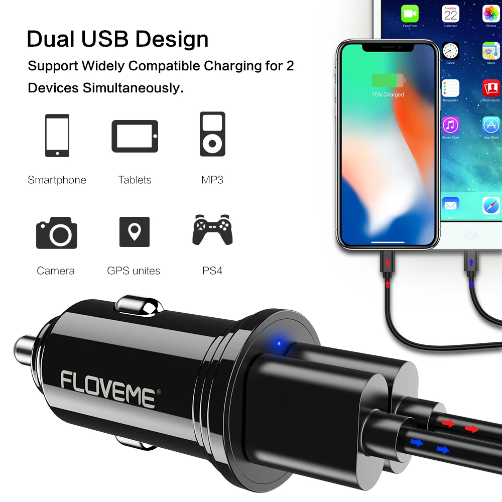 Автомобильное зарядное устройство FLOVEME 2 USB порта 4 А|Зарядные устройства для