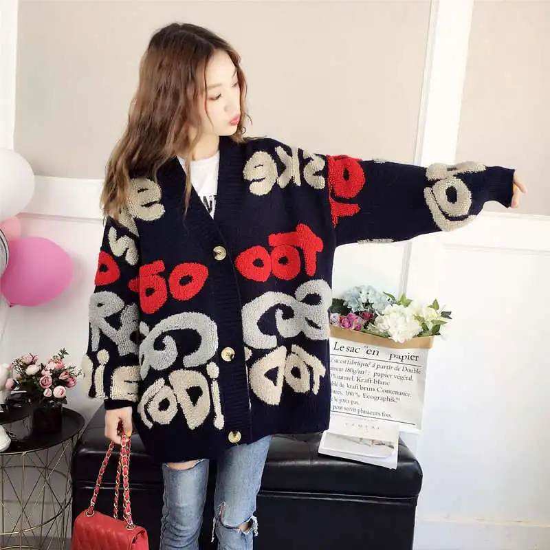 New 2019 Sweater Female Cardigan Knitted Korean Winter Clothes Loose Women's Tops Thick Plus Size Harajuku Letter Coat |