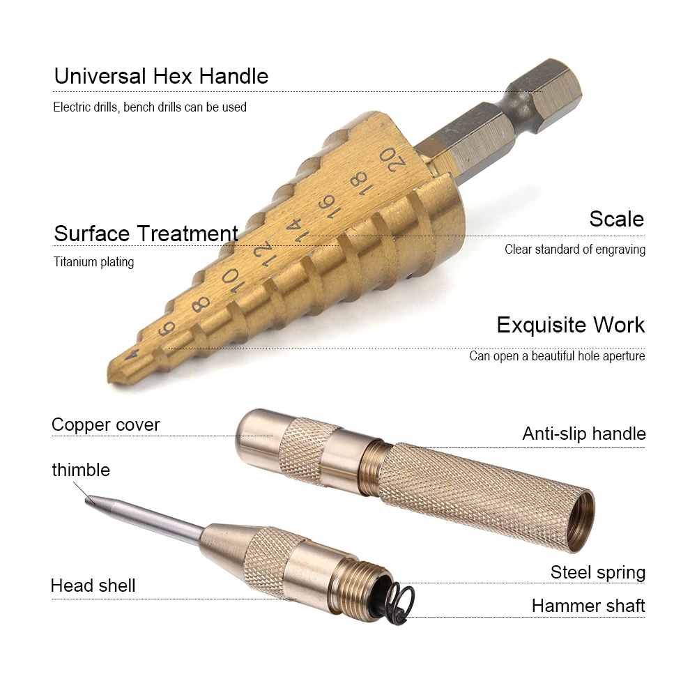 JelBo Metal Steel Center Step Drill Bit Automatic Punch Tool Titanium Core Set for Woodworking Hole Saw | Инструменты