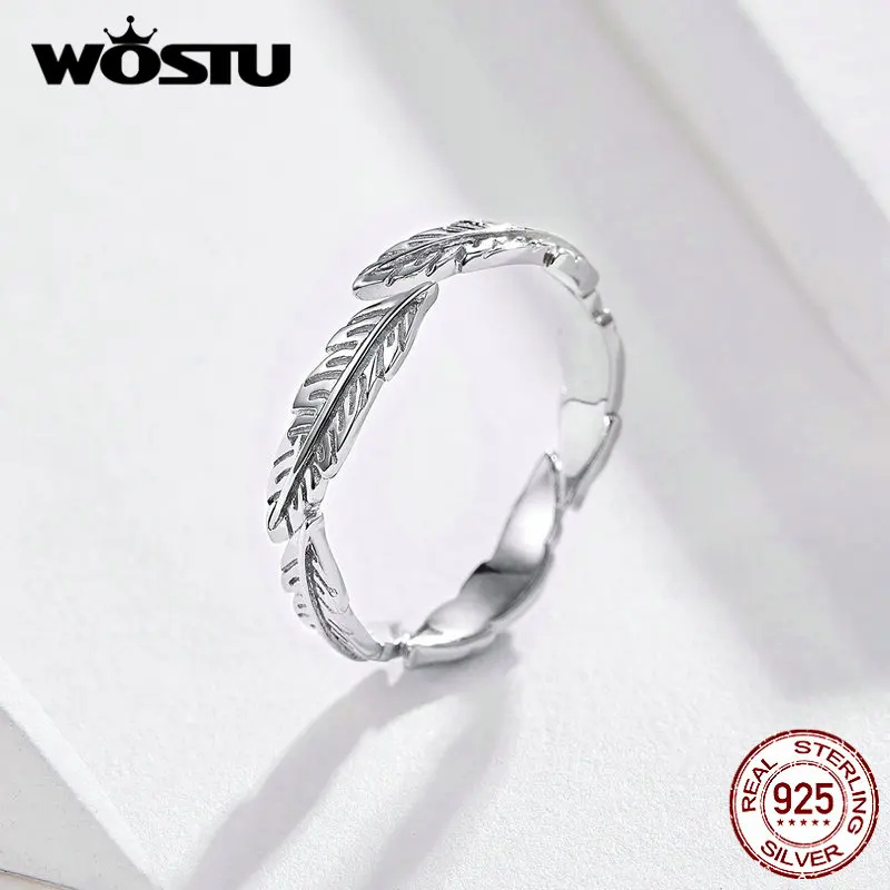 Женские Классические кольца с перьями WOSTU регулируемые из 100% настоящего серебра
