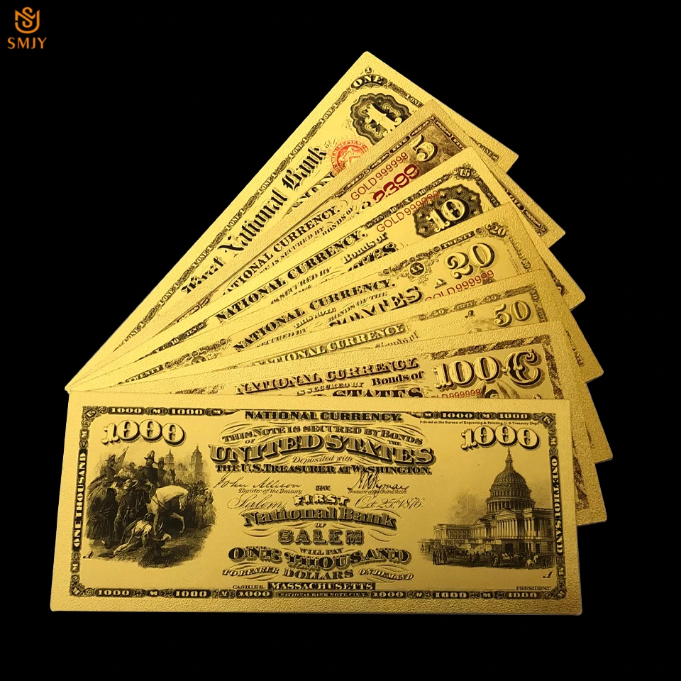 

7 шт./лот 1875 доллар США золотая бумага для банкнот 1.5.10.20.50.100.1000 доллар банкноты для банкнот коллекция и праздничные подарки