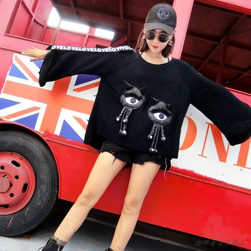 QING MO Women Big Eye Decorate Tassel Sweater 2018 Autumn Flare Sleeve Pullover Loose Letter Ribbon DQ005M | Женская одежда