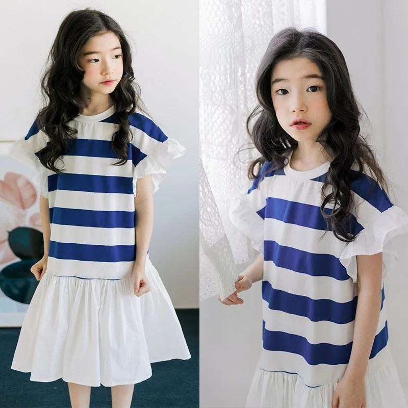 2019 Summer Girl Dress Baby Clothes Ruffles Long Teenage Kids Party O Neck Blue White Striped Clothing Fashion | Детская одежда и