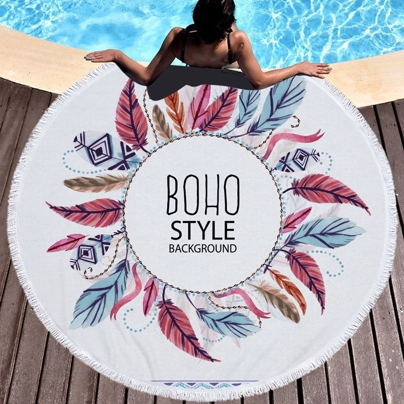 Colorful Feather Round Beach Towel Printed Microfiber With Tassels Travel Tapestry Bath Towels Bohemian Home Decor Kids Play Mat | Дом и сад