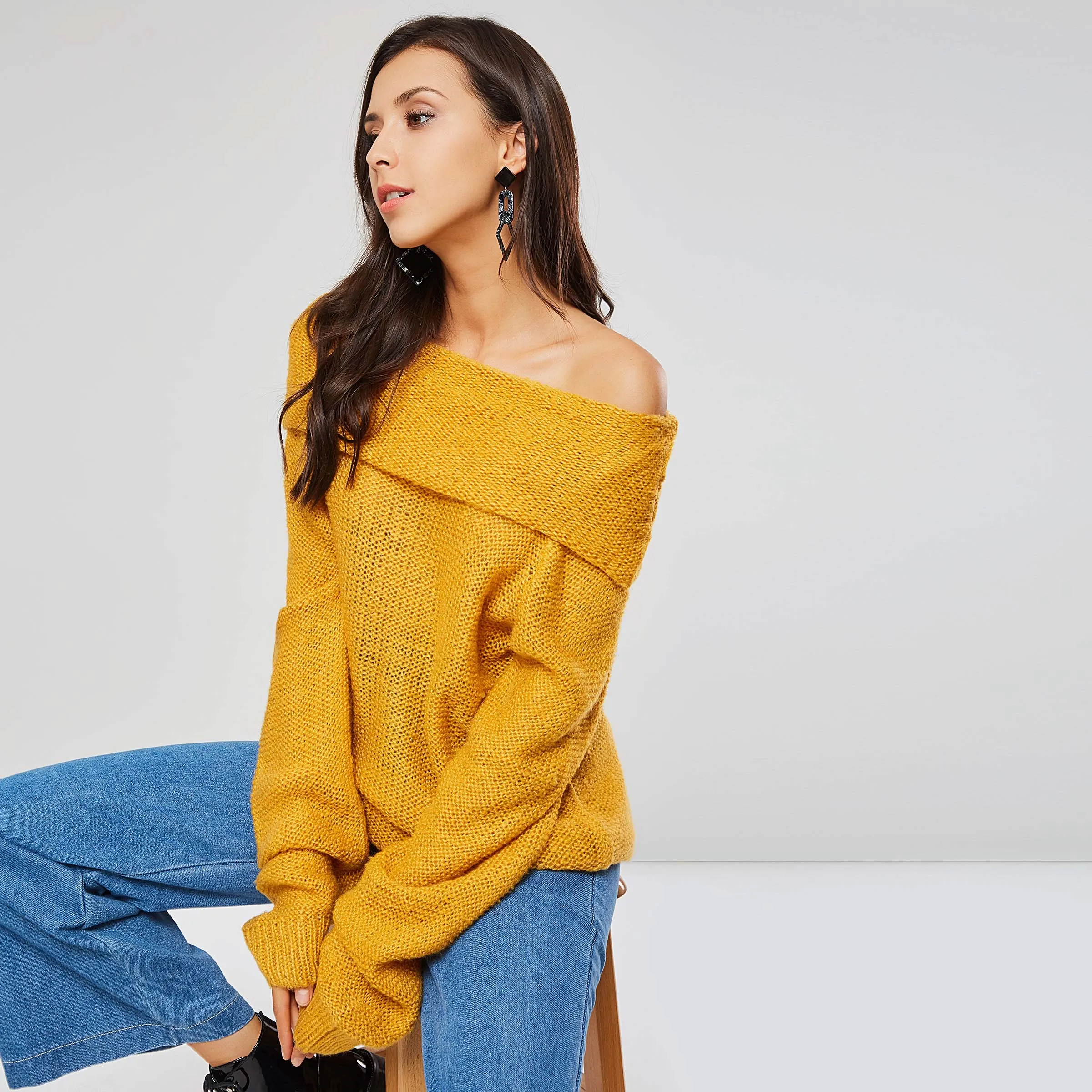 Women Winter Sweaters Casual Boho Yellow Plus Size Loose Pullover Thin Wool Lantern Sleeve Plain Female Fashion OL Tops Knitwear | Женская