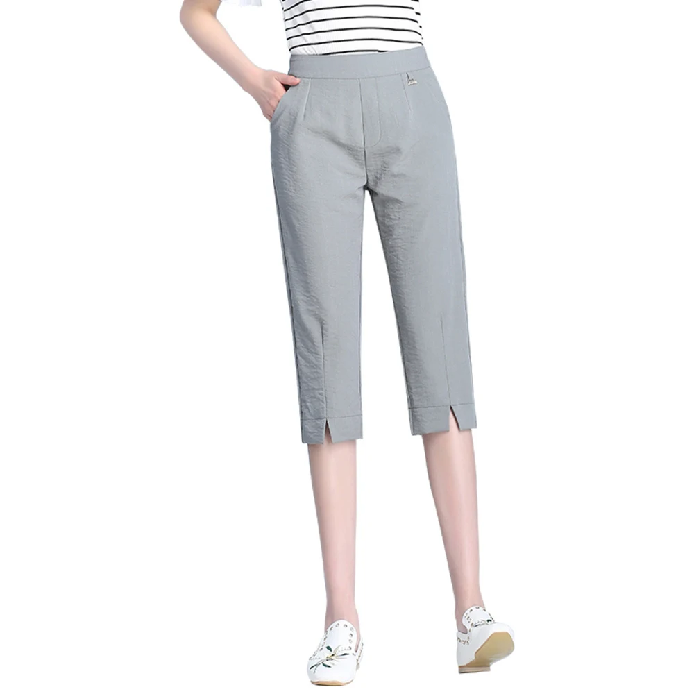 

Summer Cotton Linen Pants Women Solid Color Casual Pencil Pants Calf-Length Trousers Female Elastic Waist Capris Pant Plus Size