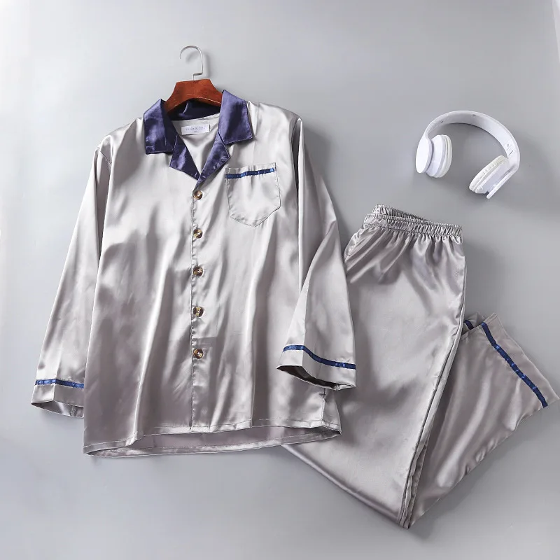 New Imitation Silk Mens Pajama Set Long Sleeve Solid Pajamas Men Leisure Suits Button Sleepwear Luxury Clothing for 90kg | Мужская