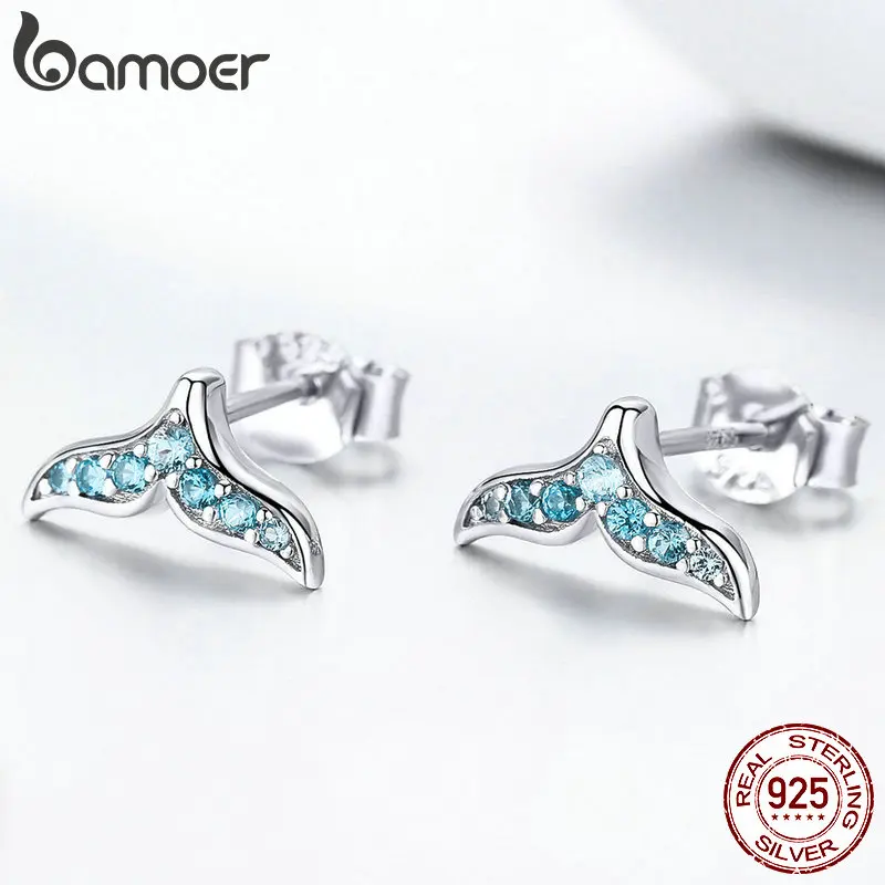 BAMOER,, 925 пробы, серебро, голубой циркон, хвост русалки, маленькие серьги-гвоздики для женщин, серебряные ювелирные изделия BSE058