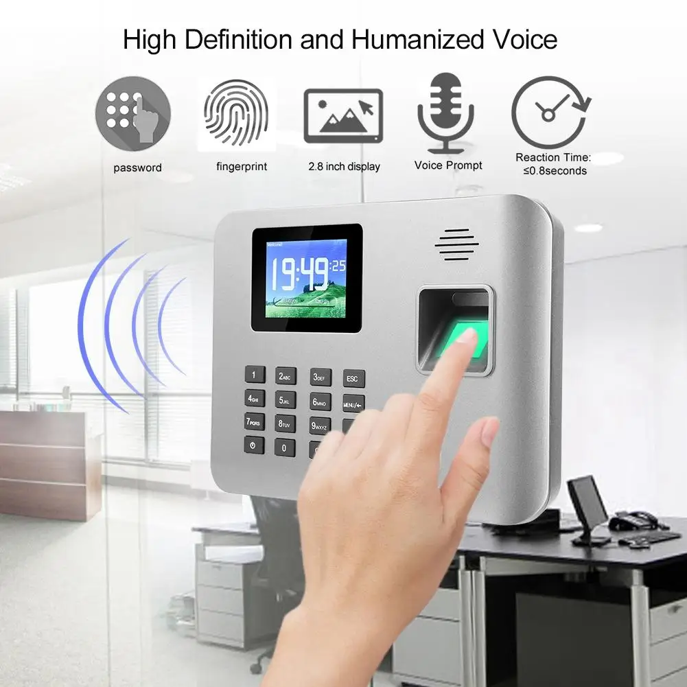 2.8Inch Screen Smart Induction Fingerprint Time Attendance Machine Clock 100-240V | Безопасность и защита