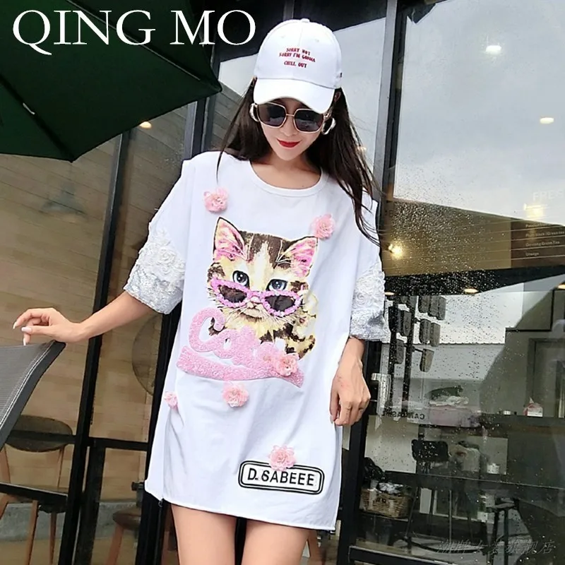 QING MO Cat Футболка с принтом платье для женщин 2019 лето открытыми плечами девочек