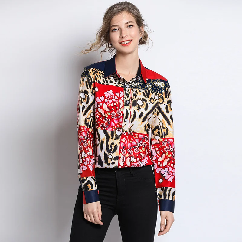 

Runway Designer Womens Tops paid Blouses Long Sleeve Bow Neck Plus Size Leopard Print Vintage Office Shirt Blouse