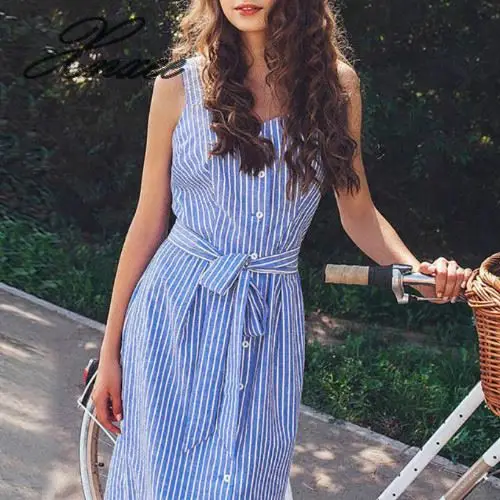 Женское праздвечерние чное синее платье в полоску без рукавов соблазнительное