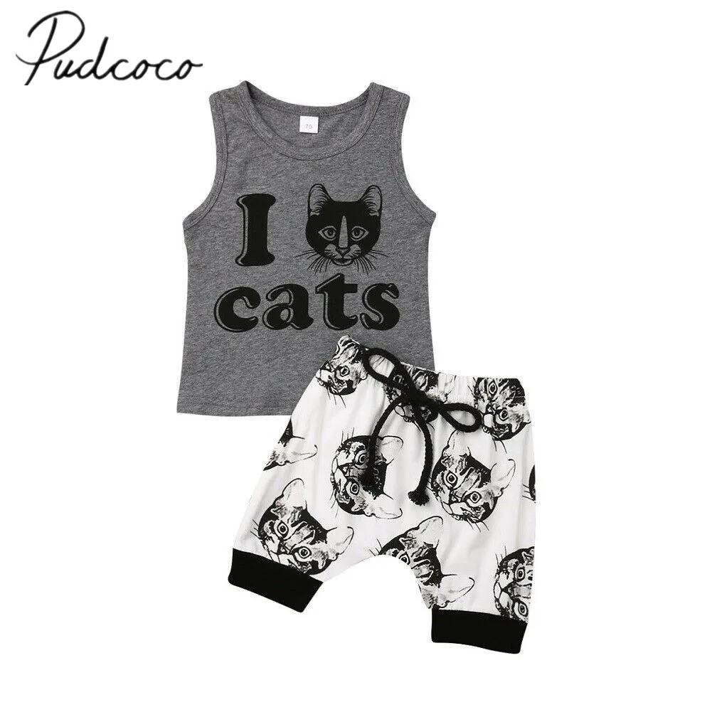 2019 Children Summer Clothing Infant Kid Baby Boy Clothes 0-24M Animal Sleeveless Tank Shirt+Shorts Pants Cats Print Outfits Set |
