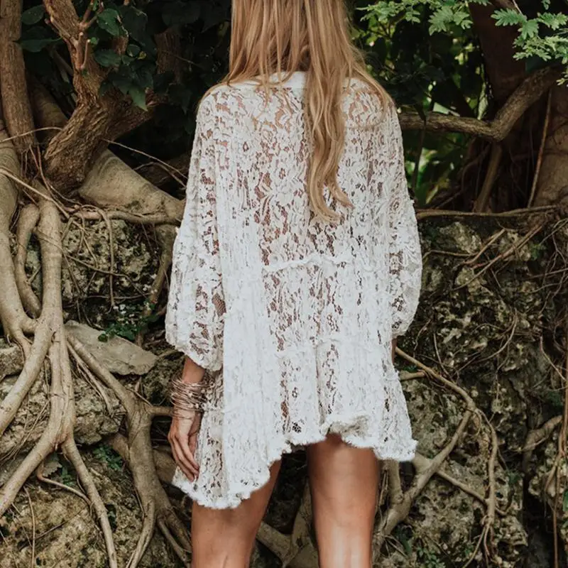 Turmeric Lace white beach dress cover up Sexy see through bikini cover-ups Flower v-neck 2019 new Tunic women's saida de |