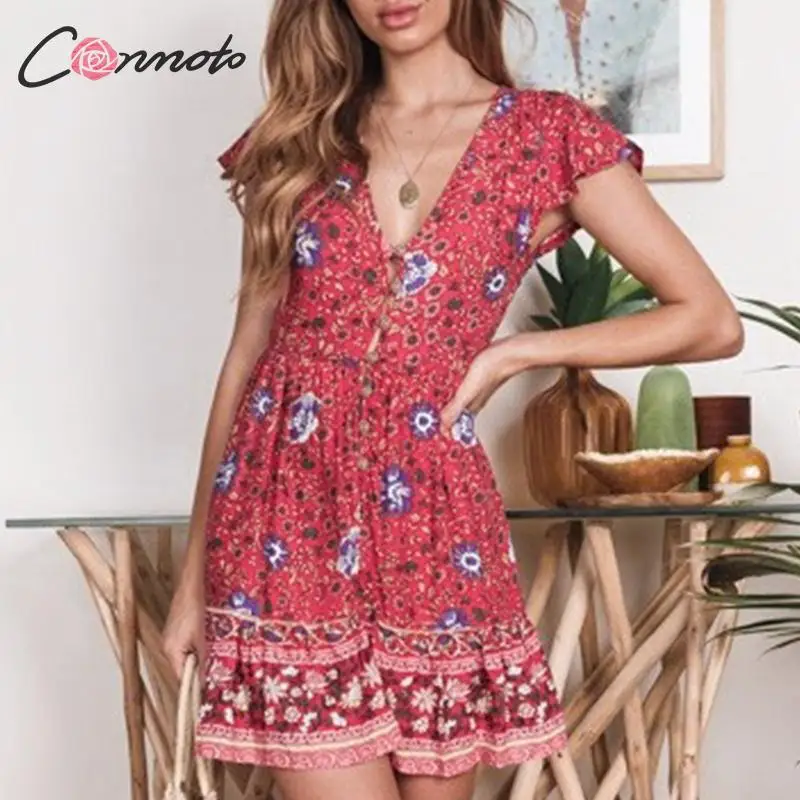 Conmoto Модное винтажное платье в стиле бохо с цветочным принтом короткое летнее