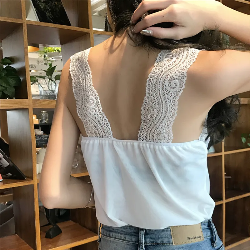 

S-4XL Women Patchwork Lace V-neck Camis Tops Female Sleeveless Blouses Tees Tanks Tops with Lace Straps Girls