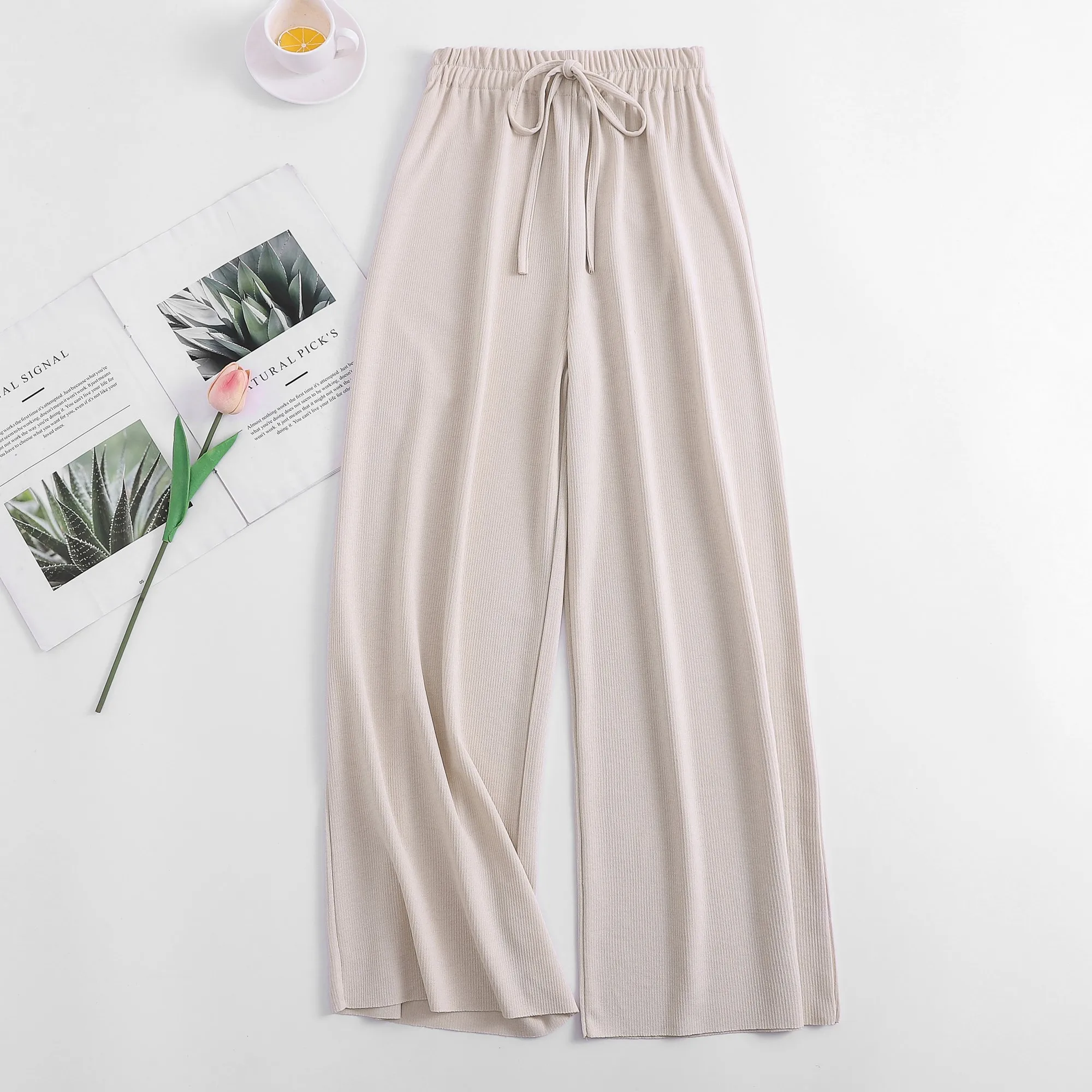 Womem wide leg pants fashion female vintage elegant elastic waist thin meryl knitted pant casual trousers 2019 summer autumn | Женская