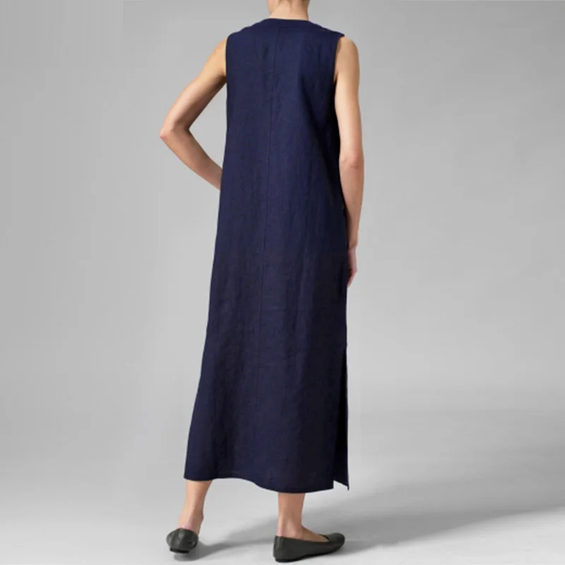 Туника без рукавов из хлопка и льна Макси Разделение платье негабаритных длинное