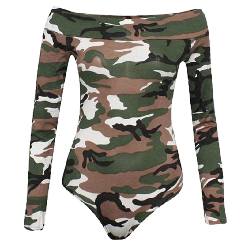 

Women Bodycon Bodysuit Off Shoulder Long Sleeve Romper Leotard Jumpsuit Fashion Camouflage Print Playsuit