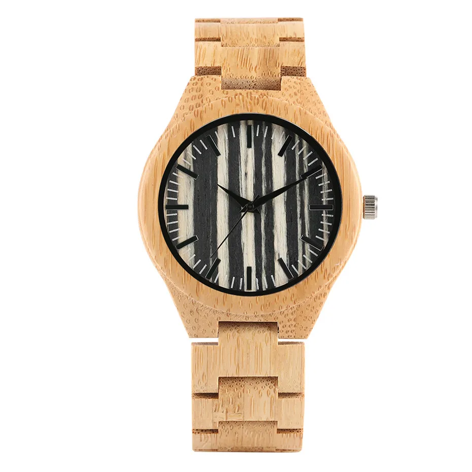 Wood Watch Men Stripe Dial Bamboo Timepieces Casual Watches Bamboo Leather Band Male Clock Gifts New Arrival montre homme yisuya retro stripe zebrawood watch wooden watches men s clock bamboo male genuine leather band quartz wristwatch men hour gifts