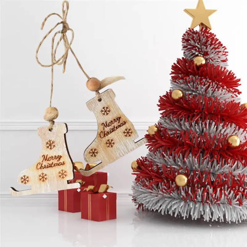 1 Pair Christmas Tree Decor Ice Skates Wood Ornaments Xmas Charms Hanging Pendants Craft Wooden Chips Slices Embellishments | Дом и сад