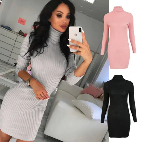 Женское вязаное платье свитер облегающее длинное джемпер с длинным рукавом и