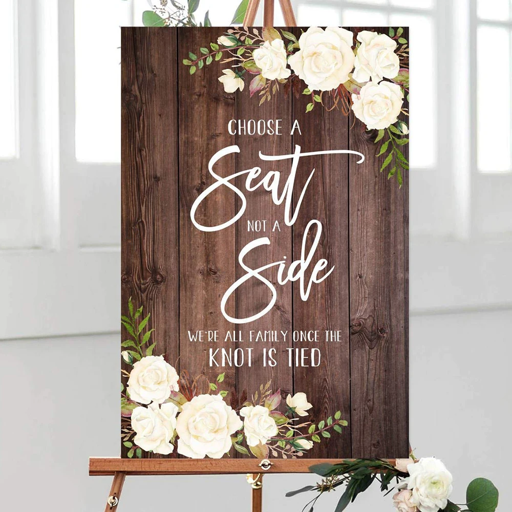 Wood Plaque Rustic Choose a Seat not Side Sign Wedding Ceremony Welcome Printable White Flowers | Дом и сад